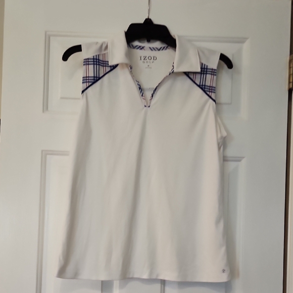 Izod Women's White Sleeveless Top with Blue Plaid Accents - Picture 1 of 4